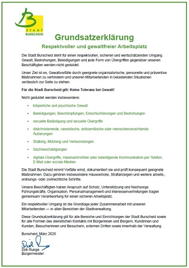 Grundsatzerklärung gewaltfreier Arbeitsplatz - genauer Wortlaut im Text&nbsp;&copy;&nbsp;Stadt Burscheid
